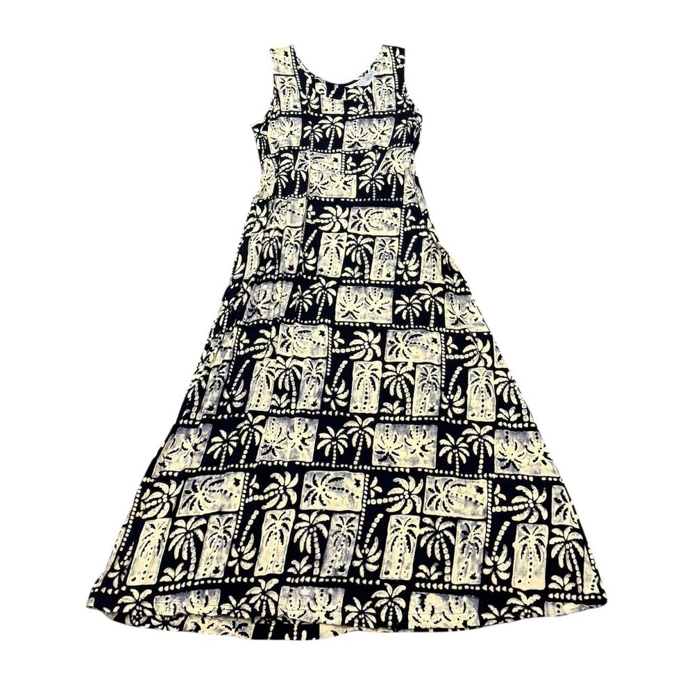Vintage Back East Cream & Navy Palm Tree Print Maxi Dress Y2k